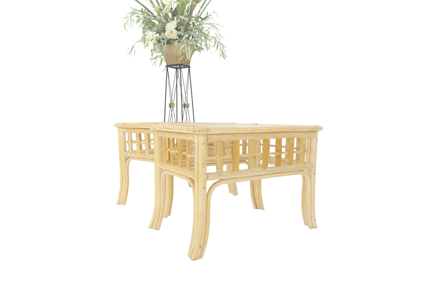 EstablishedLines Pair of White Wash Pickle Finish Rattan Rectangle Glass Top End Side Tables MINT