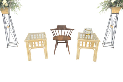 EstablishedLines Pair of White Wash Pickle Finish Rattan Rectangle Glass Top End Side Tables MINT