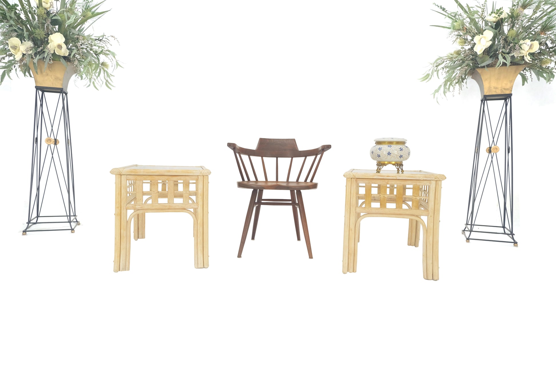 EstablishedLines Pair of White Wash Pickle Finish Rattan Rectangle Glass Top End Side Tables MINT