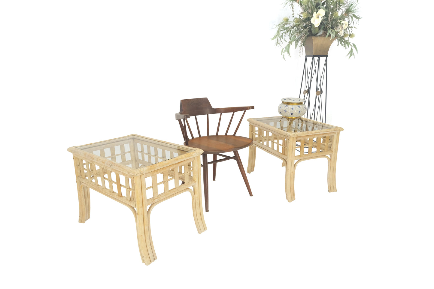 EstablishedLines Pair of White Wash Pickle Finish Rattan Rectangle Glass Top End Side Tables MINT