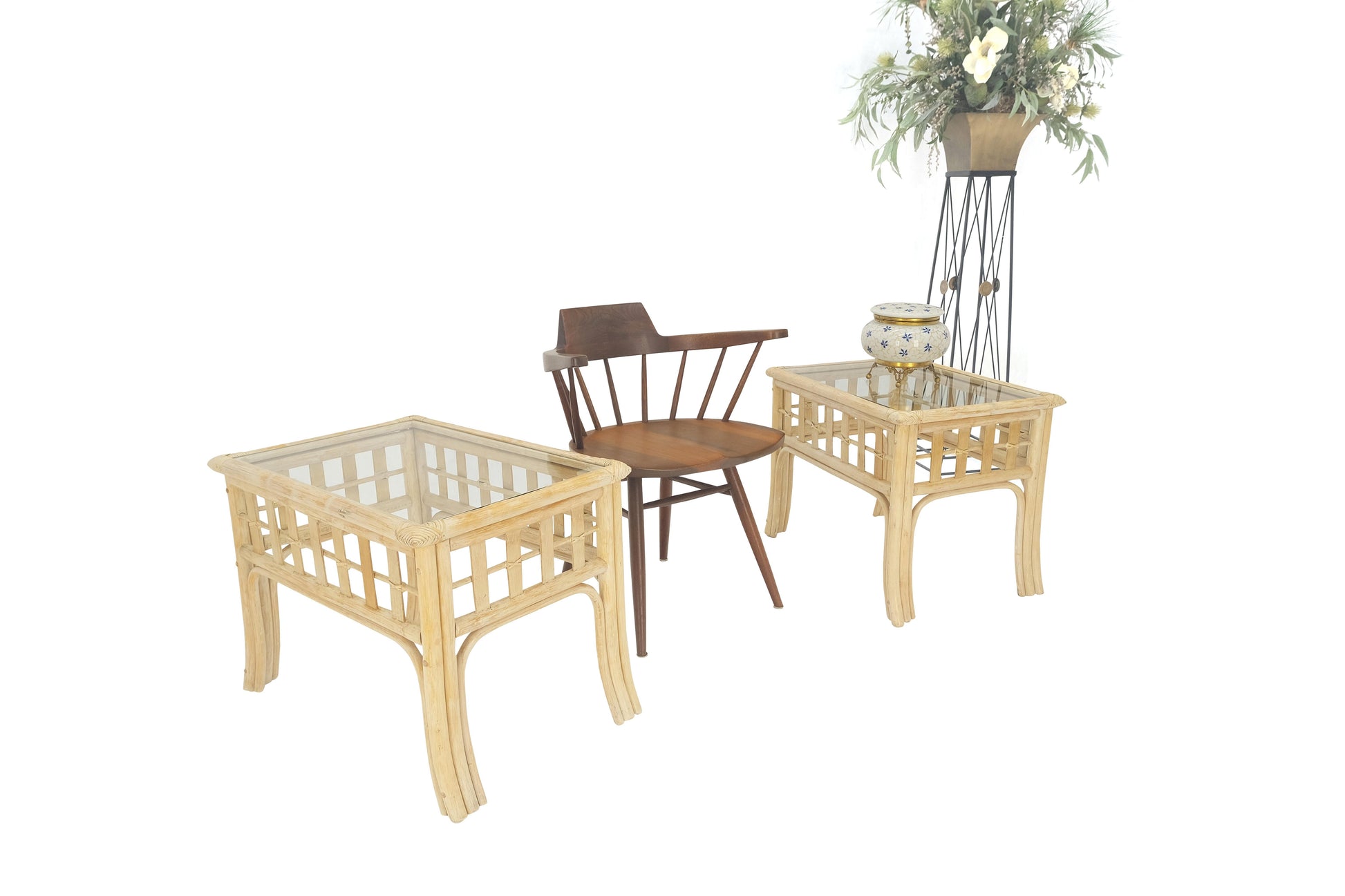 EstablishedLines Pair of White Wash Pickle Finish Rattan Rectangle Glass Top End Side Tables MINT