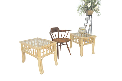 EstablishedLines Pair of White Wash Pickle Finish Rattan Rectangle Glass Top End Side Tables MINT
