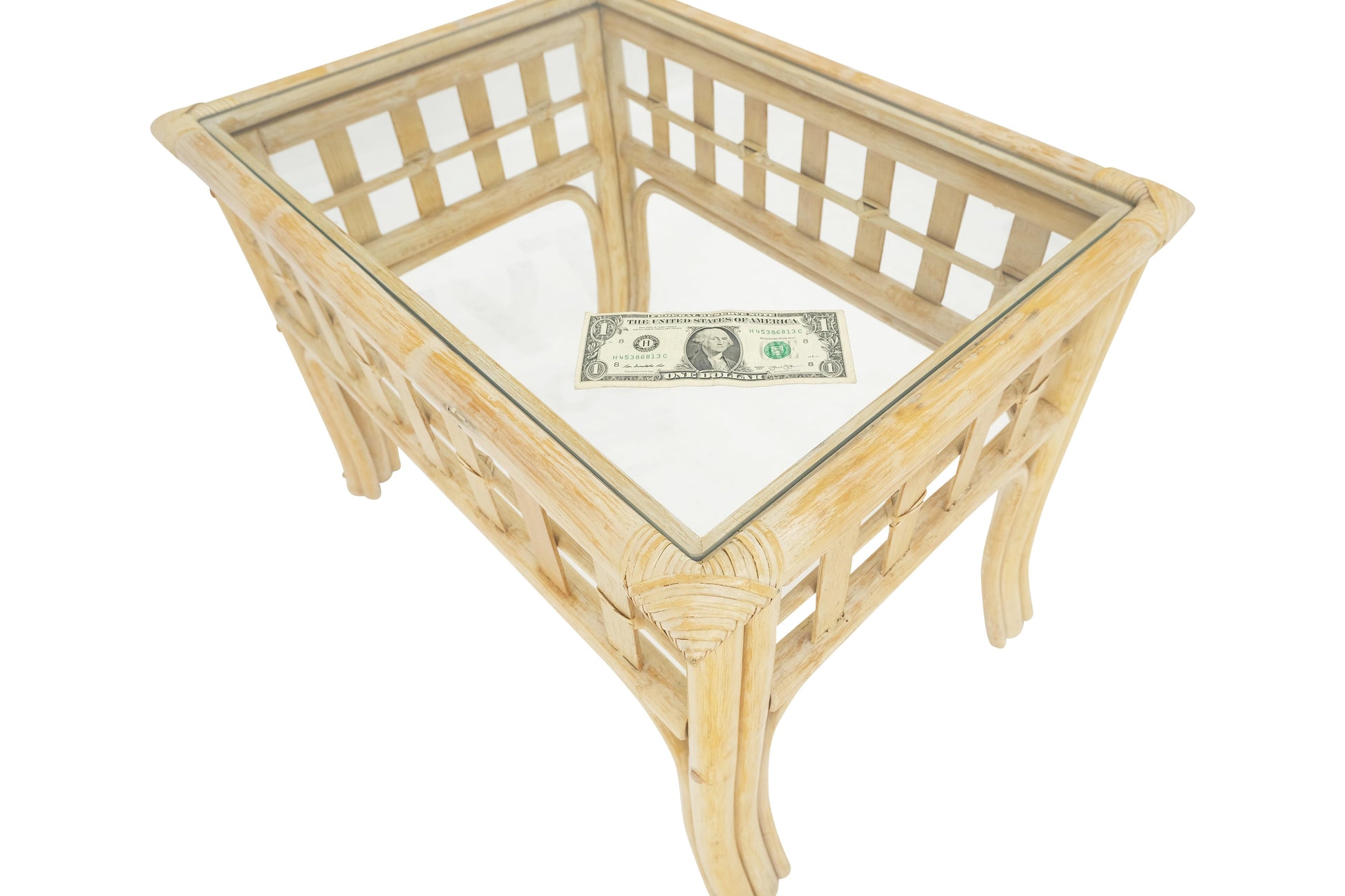 EstablishedLines Pair of White Wash Pickle Finish Rattan Rectangle Glass Top End Side Tables MINT