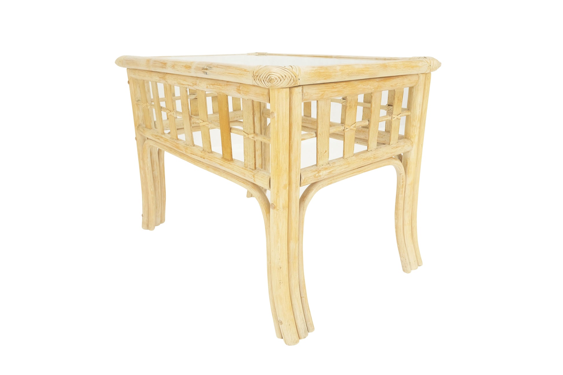 EstablishedLines Pair of White Wash Pickle Finish Rattan Rectangle Glass Top End Side Tables MINT