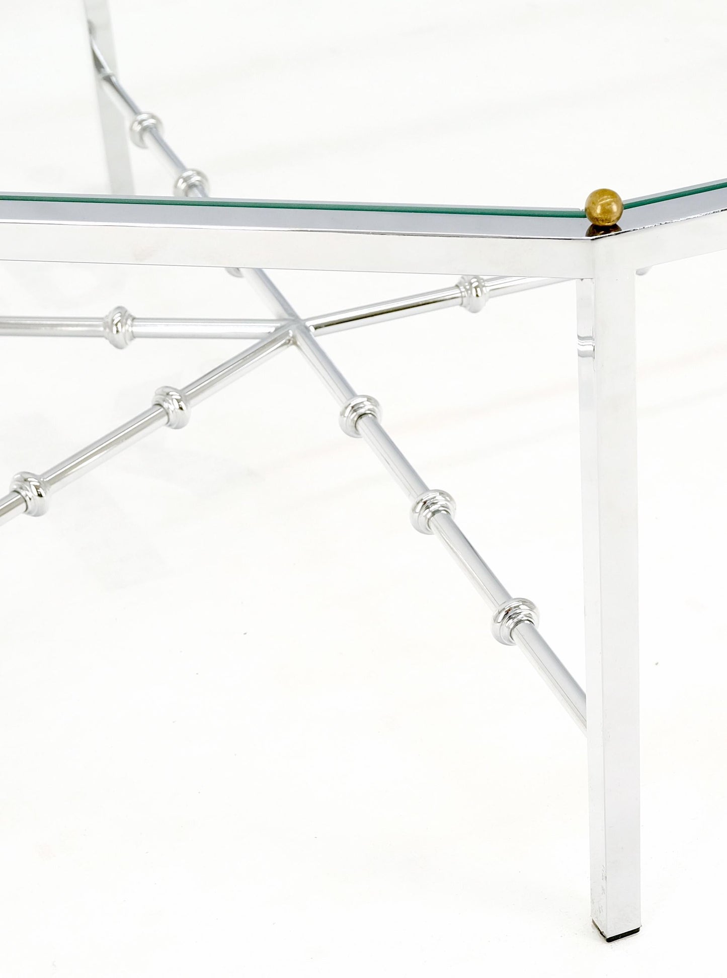 EstablishedLines Faux Bamboo Chrome Glass Top Brass Balls Finials Elongated Hexagon Coffee Table