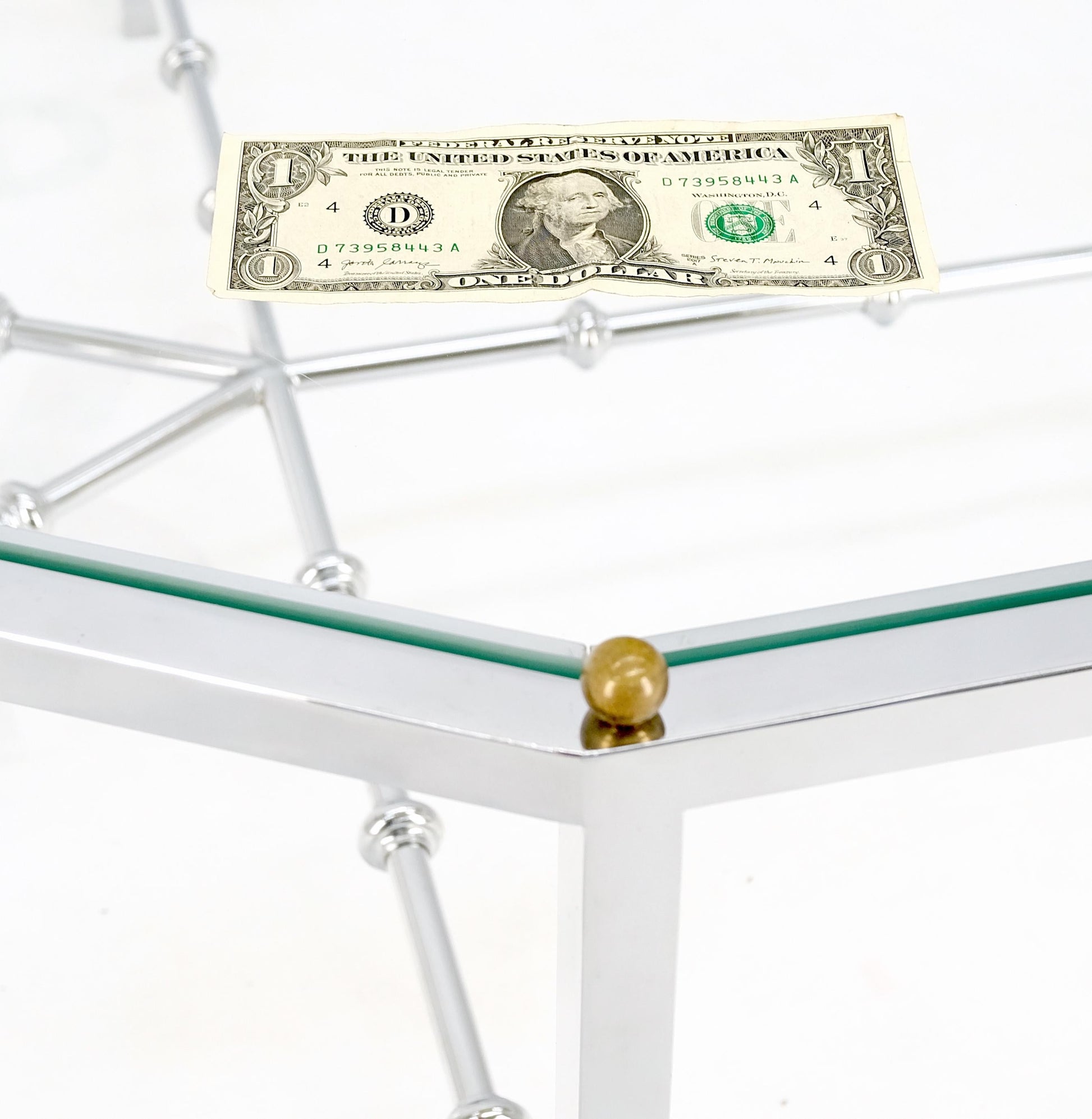 EstablishedLines Faux Bamboo Chrome Glass Top Brass Balls Finials Elongated Hexagon Coffee Table