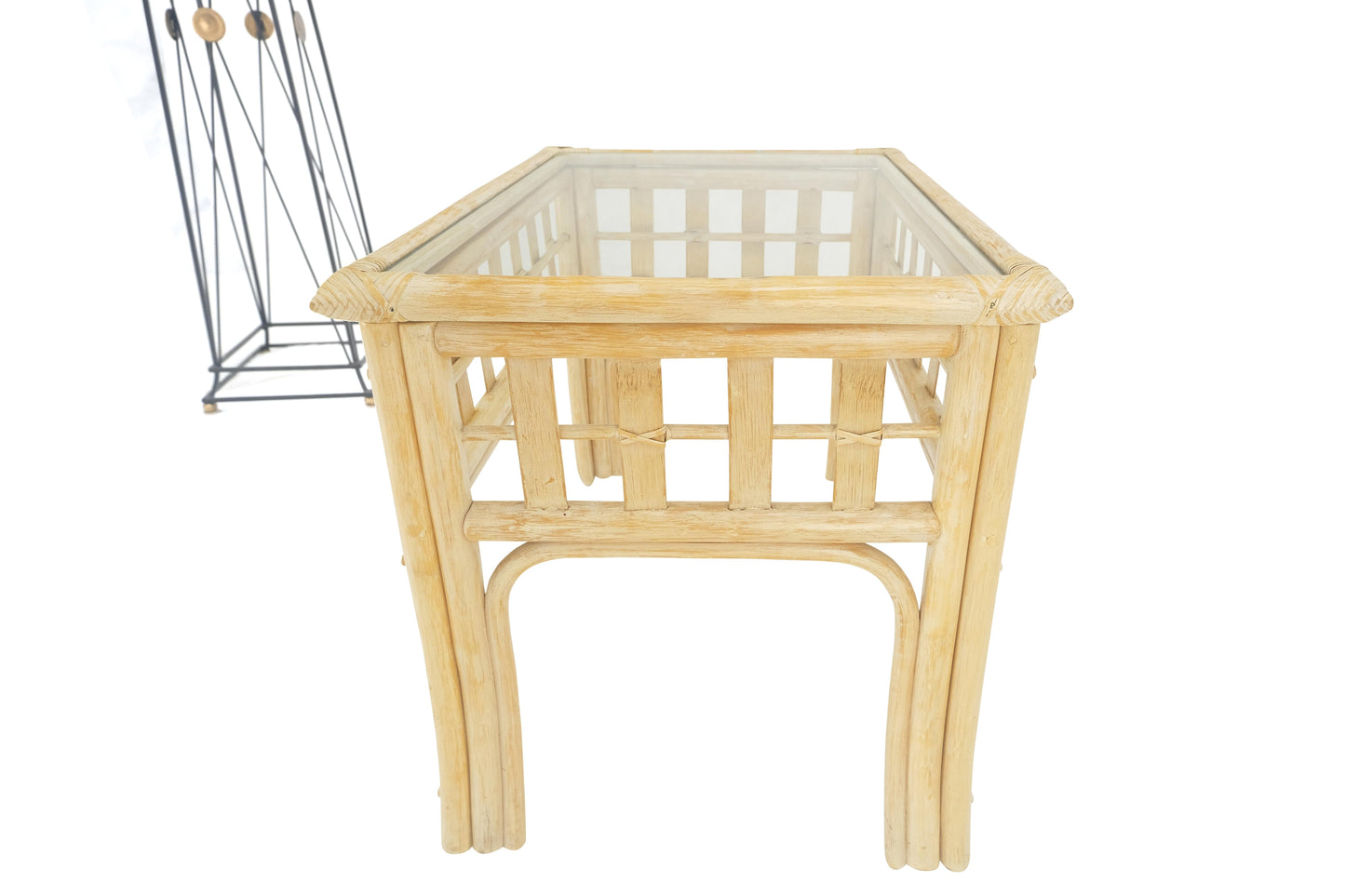 EstablishedLines Pair of White Wash Pickle Finish Rattan Rectangle Glass Top End Side Tables MINT