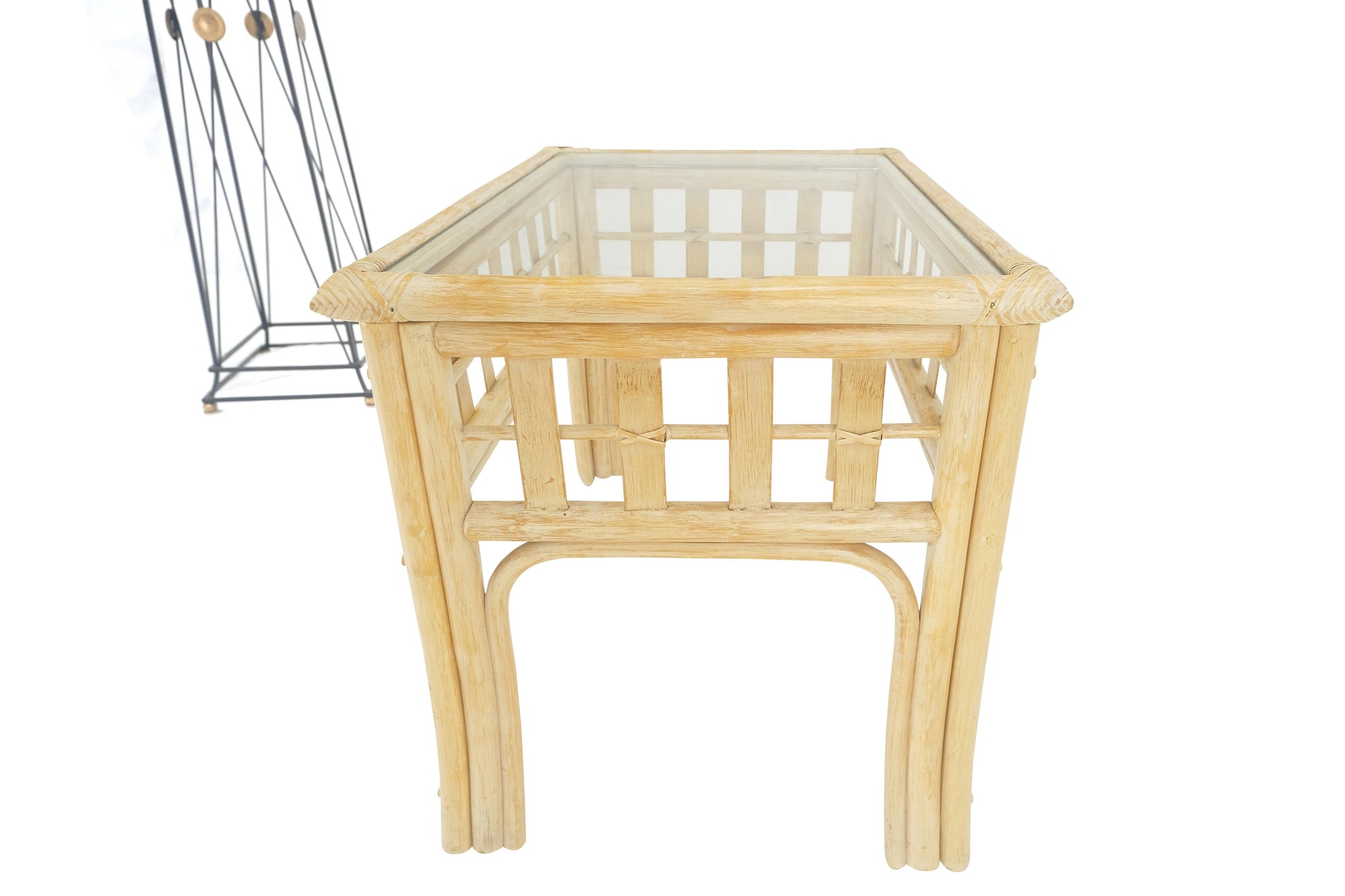EstablishedLines Pair of White Wash Pickle Finish Rattan Rectangle Glass Top End Side Tables MINT