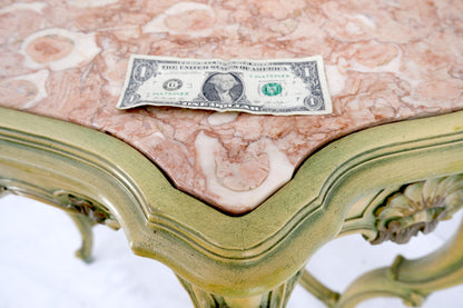 EstablishedLines Carved French Regency Paint Decorated Console Table w/ Rouge Pink Marble Top