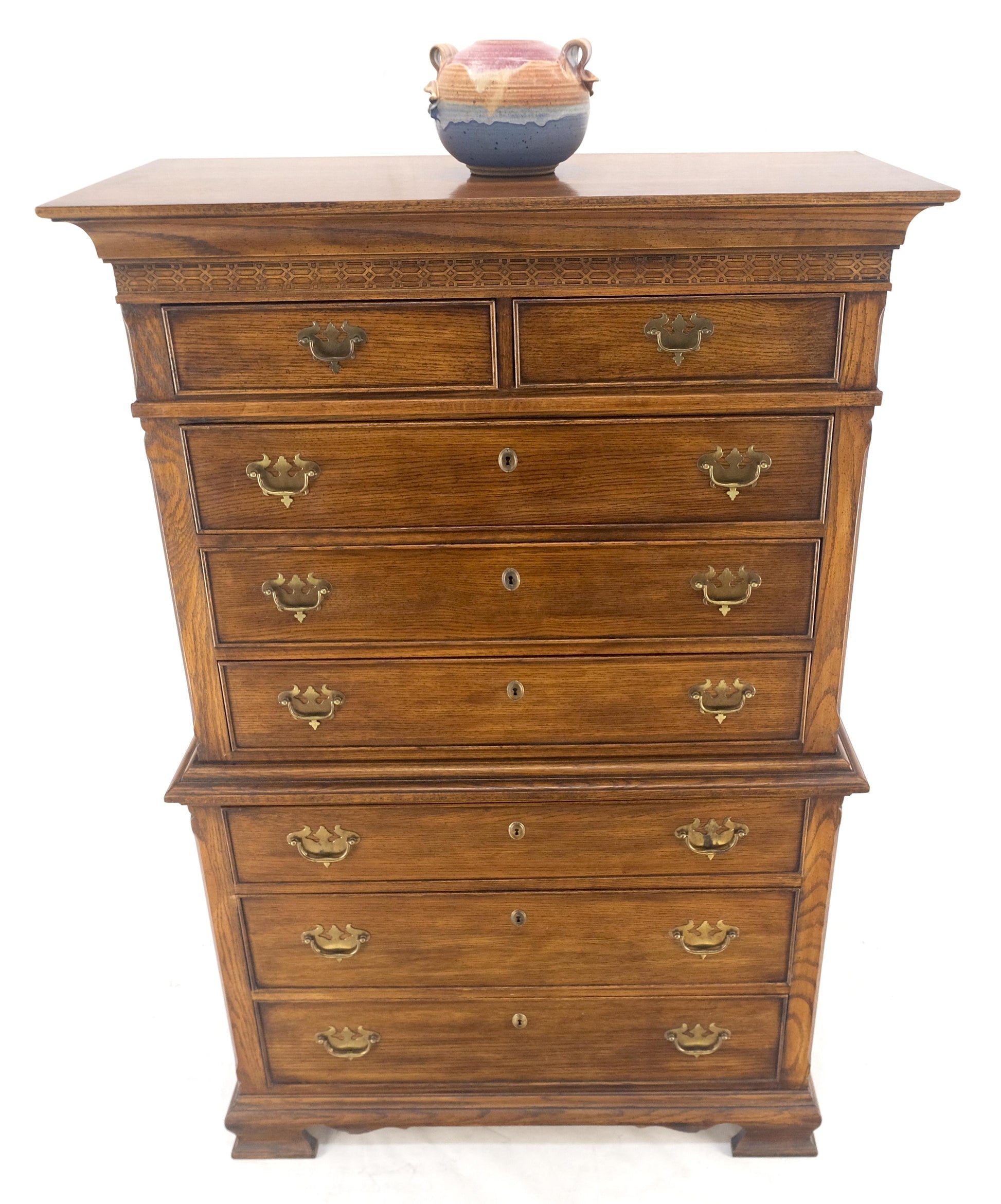 Bracket Feet Chippendale Style Solid Chestnut Brass Pulls Chest on Chest Dresser