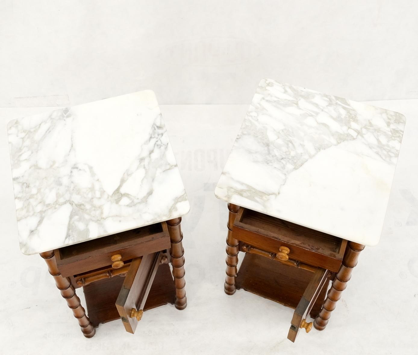 EstablishedLines Pair of Antique Faux Bamboo Marble Top Two Tier One Door Drawer Nightstands