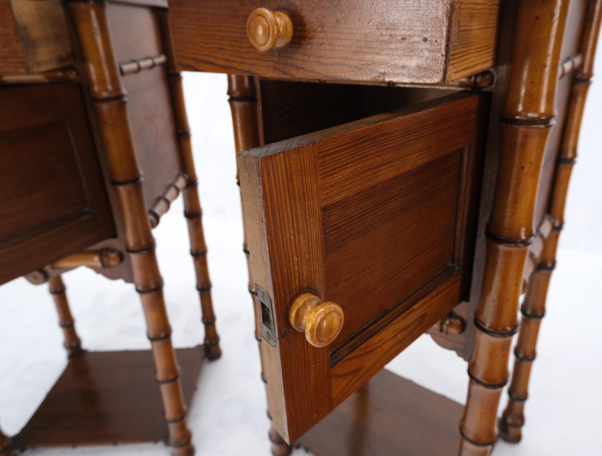 EstablishedLines Pair of Antique Faux Bamboo Marble Top Two Tier One Door Drawer Nightstands