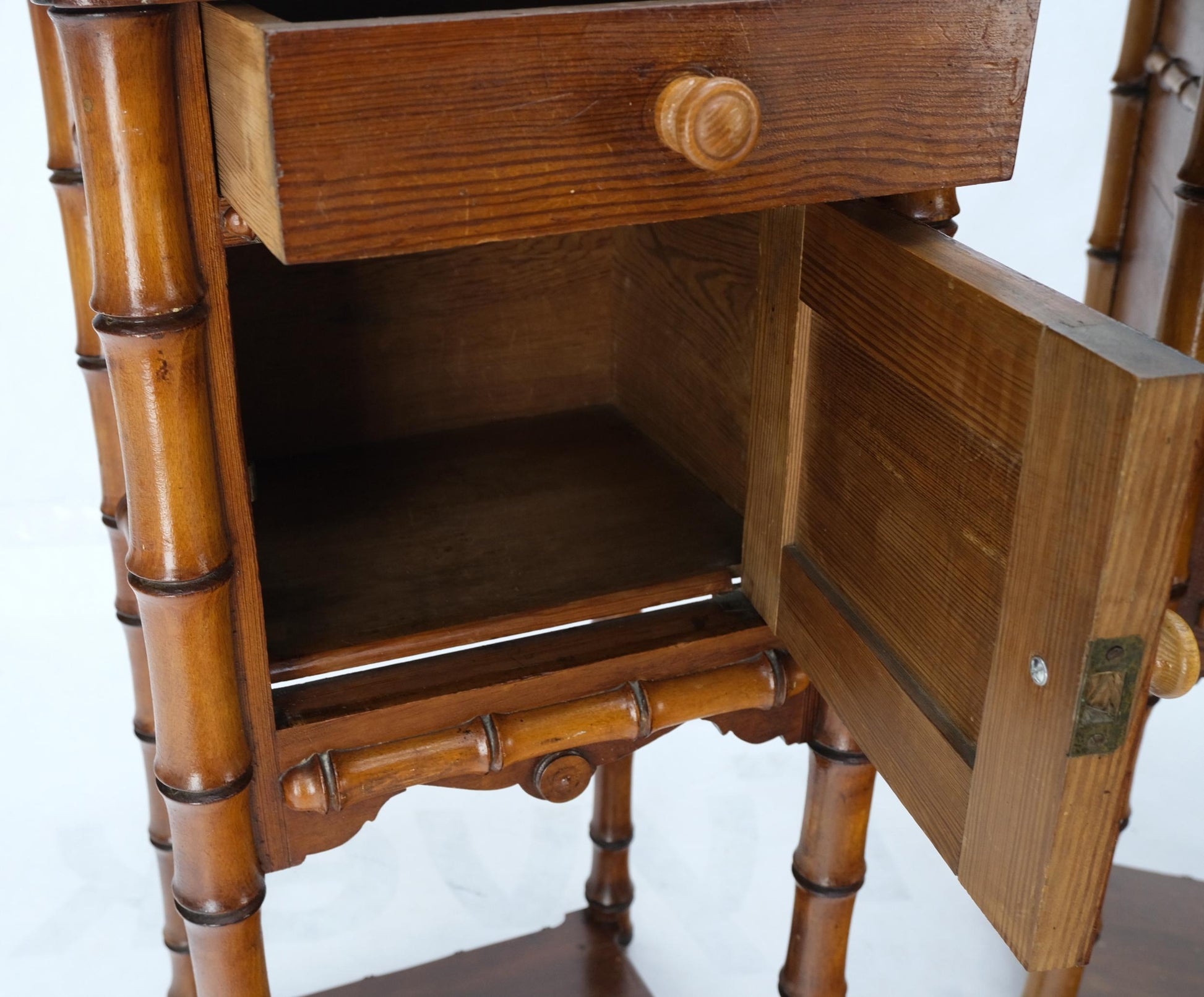 EstablishedLines Pair of Antique Faux Bamboo Marble Top Two Tier One Door Drawer Nightstands