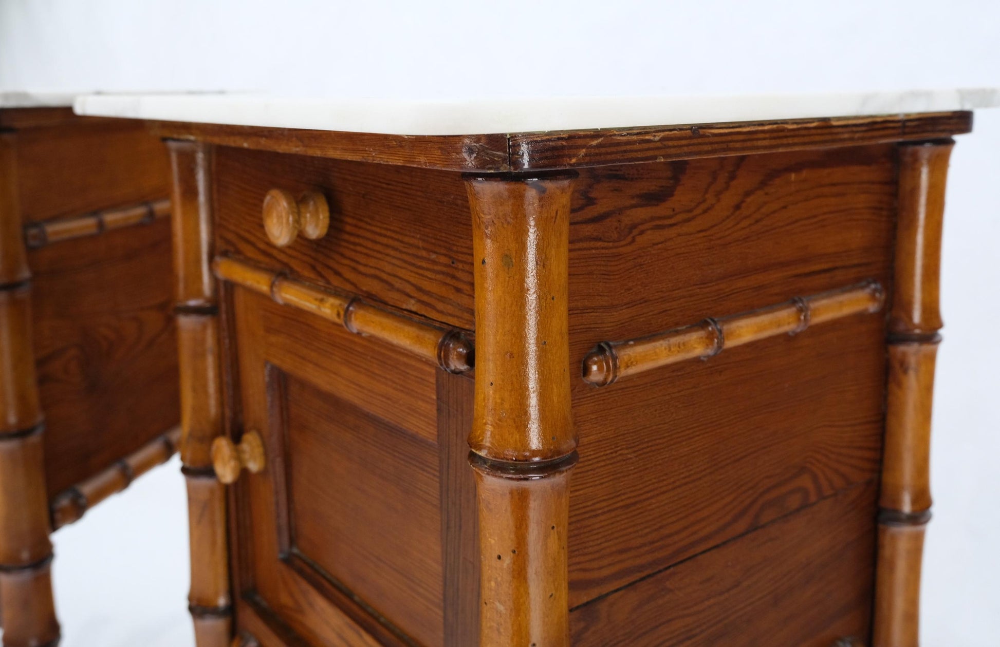 EstablishedLines Pair of Antique Faux Bamboo Marble Top Two Tier One Door Drawer Nightstands