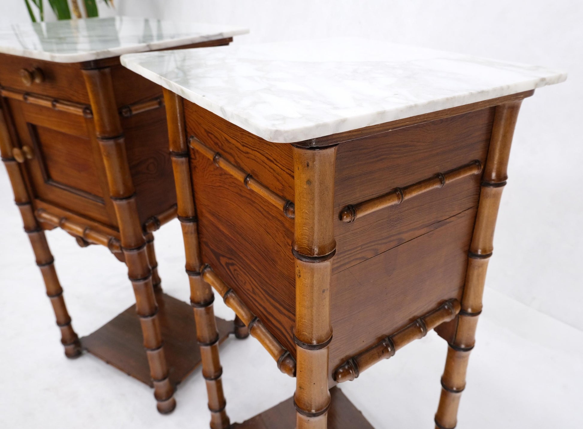 EstablishedLines Pair of Antique Faux Bamboo Marble Top Two Tier One Door Drawer Nightstands