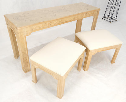 EstablishedLines Pair 1970s Nesting Benches Matching Burl Console Sofa Table New Upholstery MINT!