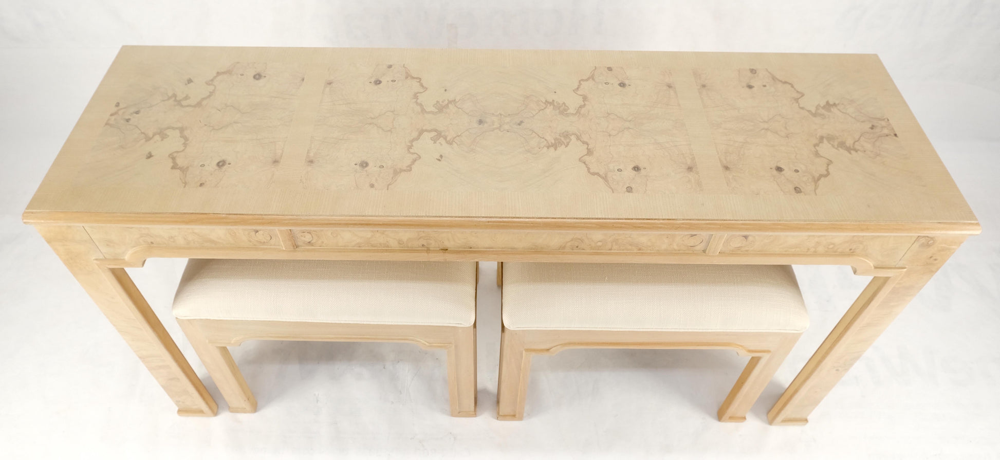 EstablishedLines Pair 1970s Nesting Benches Matching Burl Console Sofa Table New Upholstery MINT!
