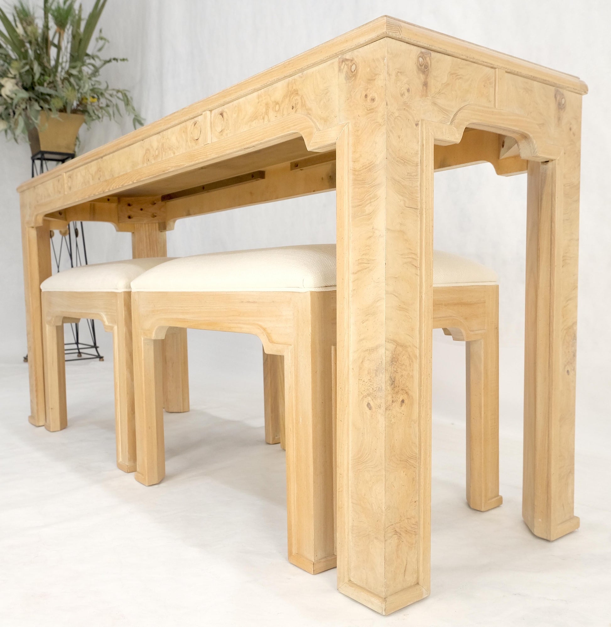 EstablishedLines Pair 1970s Nesting Benches Matching Burl Console Sofa Table New Upholstery MINT!