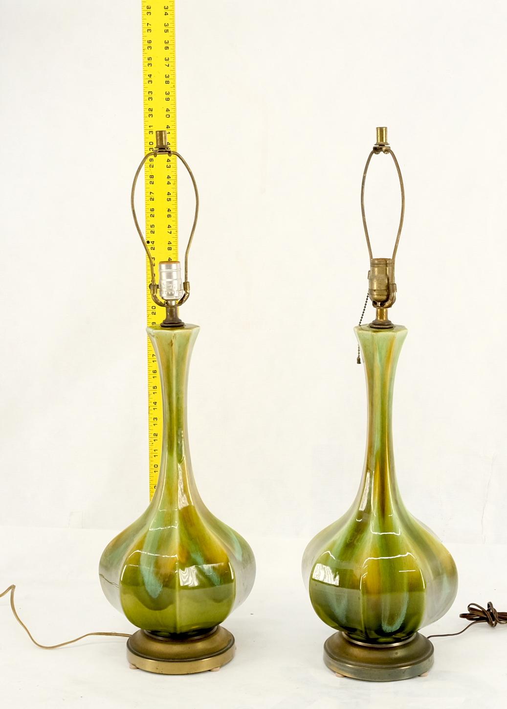 EstablishedLines Pair Mid Century Onion Shape Glazed Green Yellow Blue Lava Pattern Table Lamps