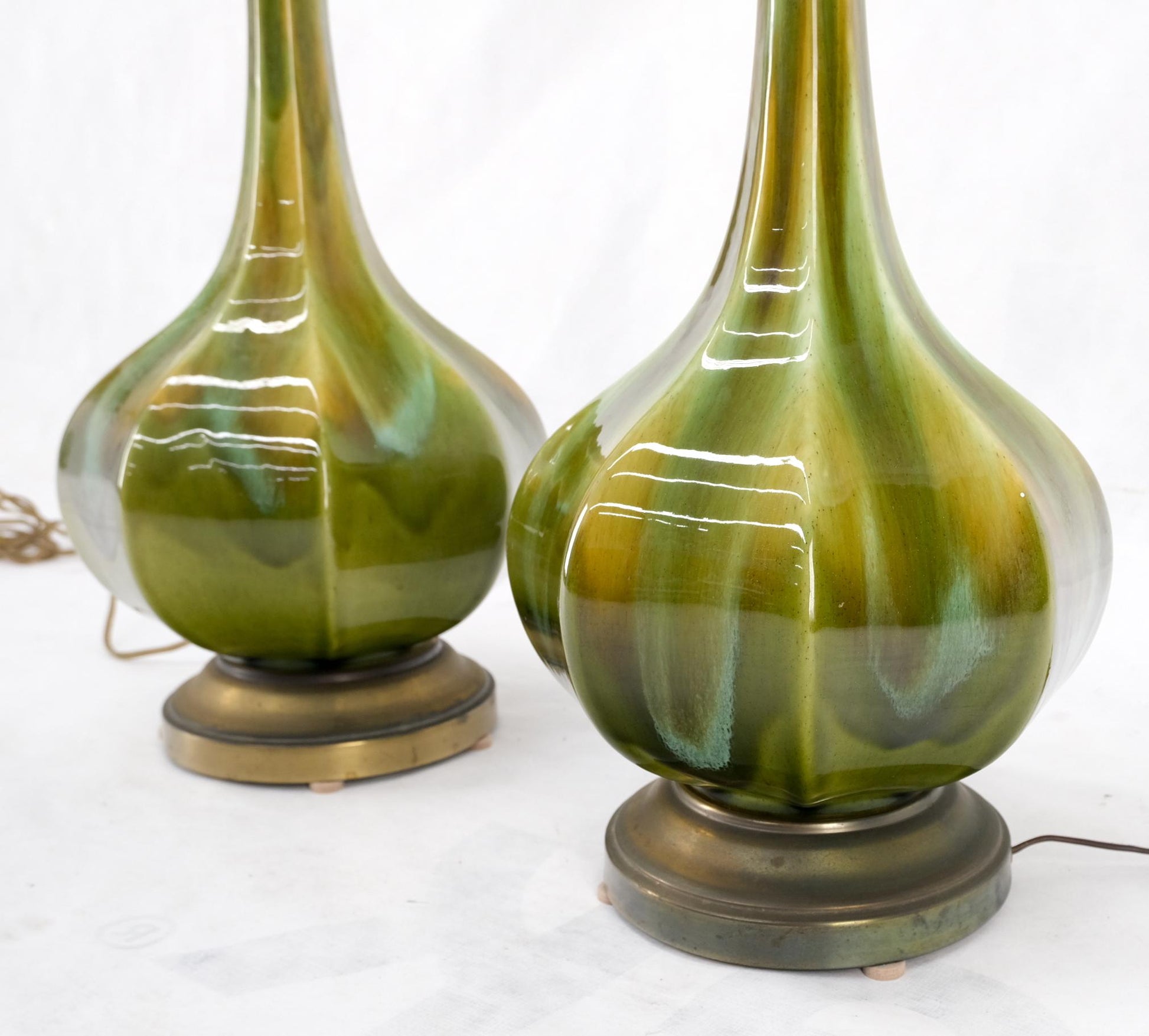 EstablishedLines Pair Mid Century Onion Shape Glazed Green Yellow Blue Lava Pattern Table Lamps