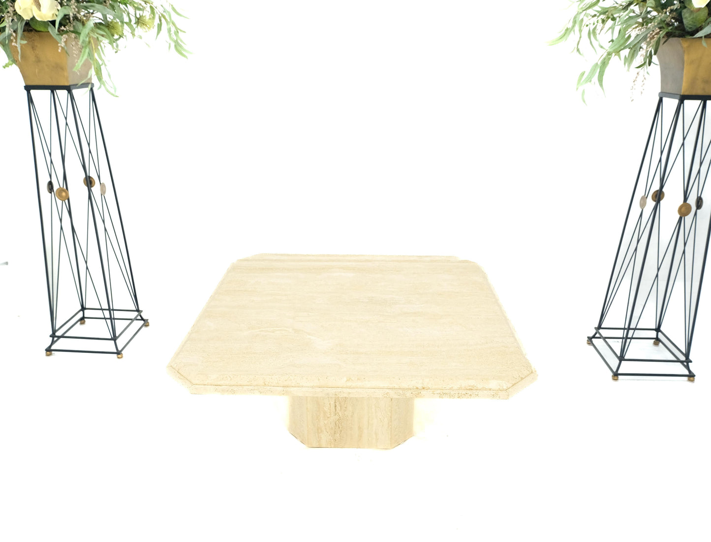 EstablishedLines Cut Corners 40" Square Single Pedestal Base Italian  Travertine Coffee Table