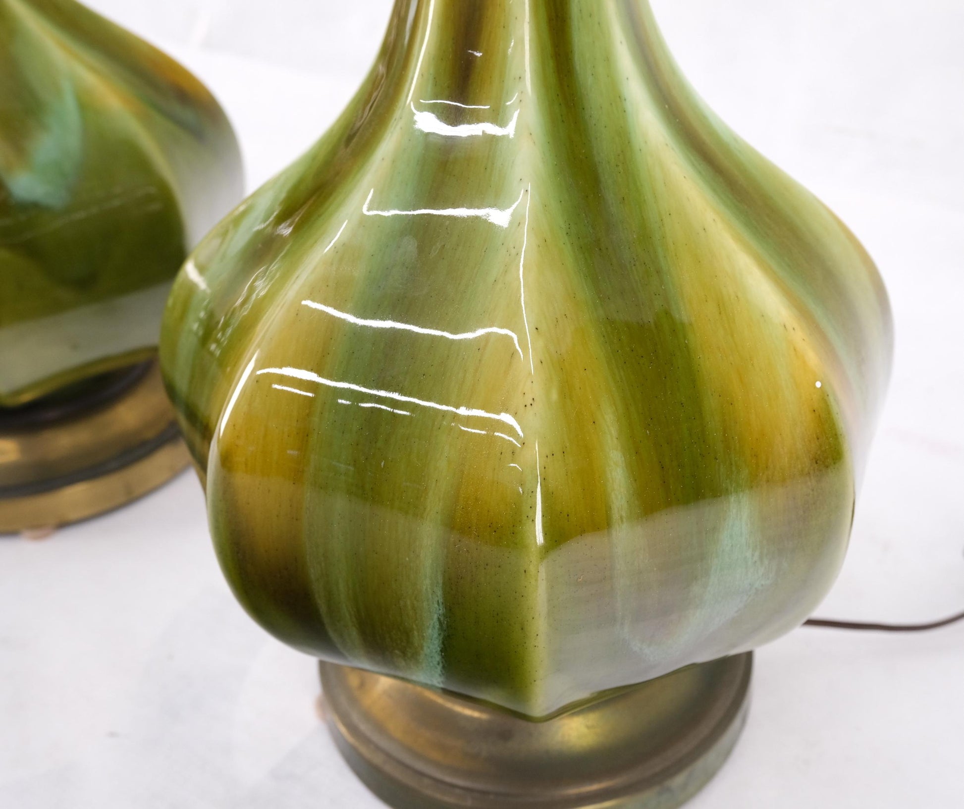 EstablishedLines Pair Mid Century Onion Shape Glazed Green Yellow Blue Lava Pattern Table Lamps