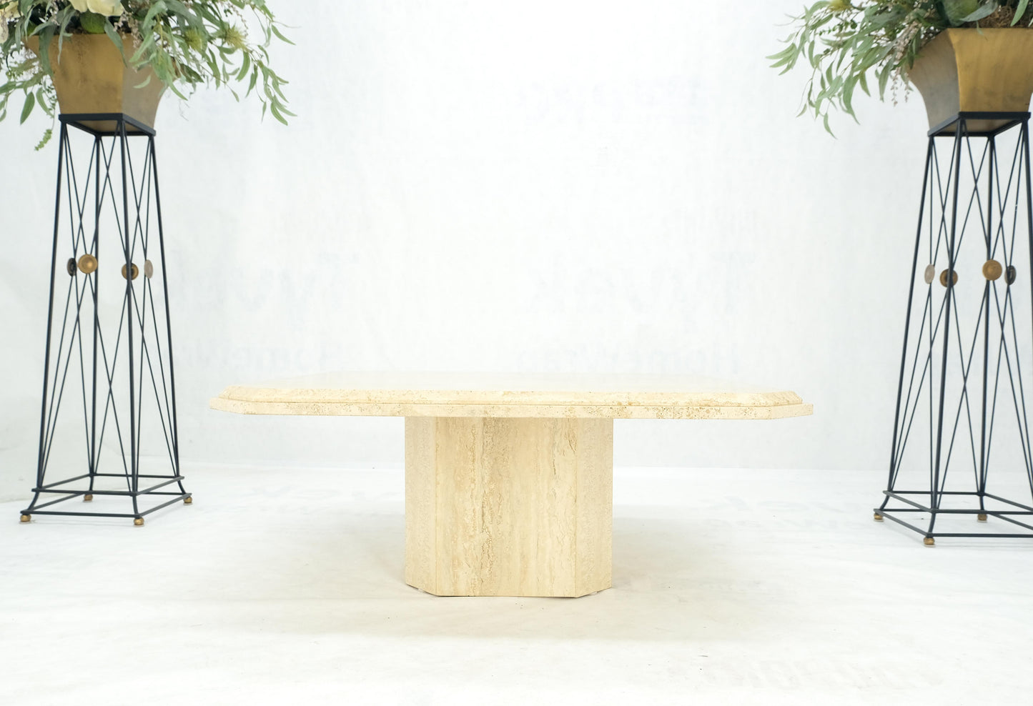 EstablishedLines Cut Corners 40" Square Single Pedestal Base Italian  Travertine Coffee Table