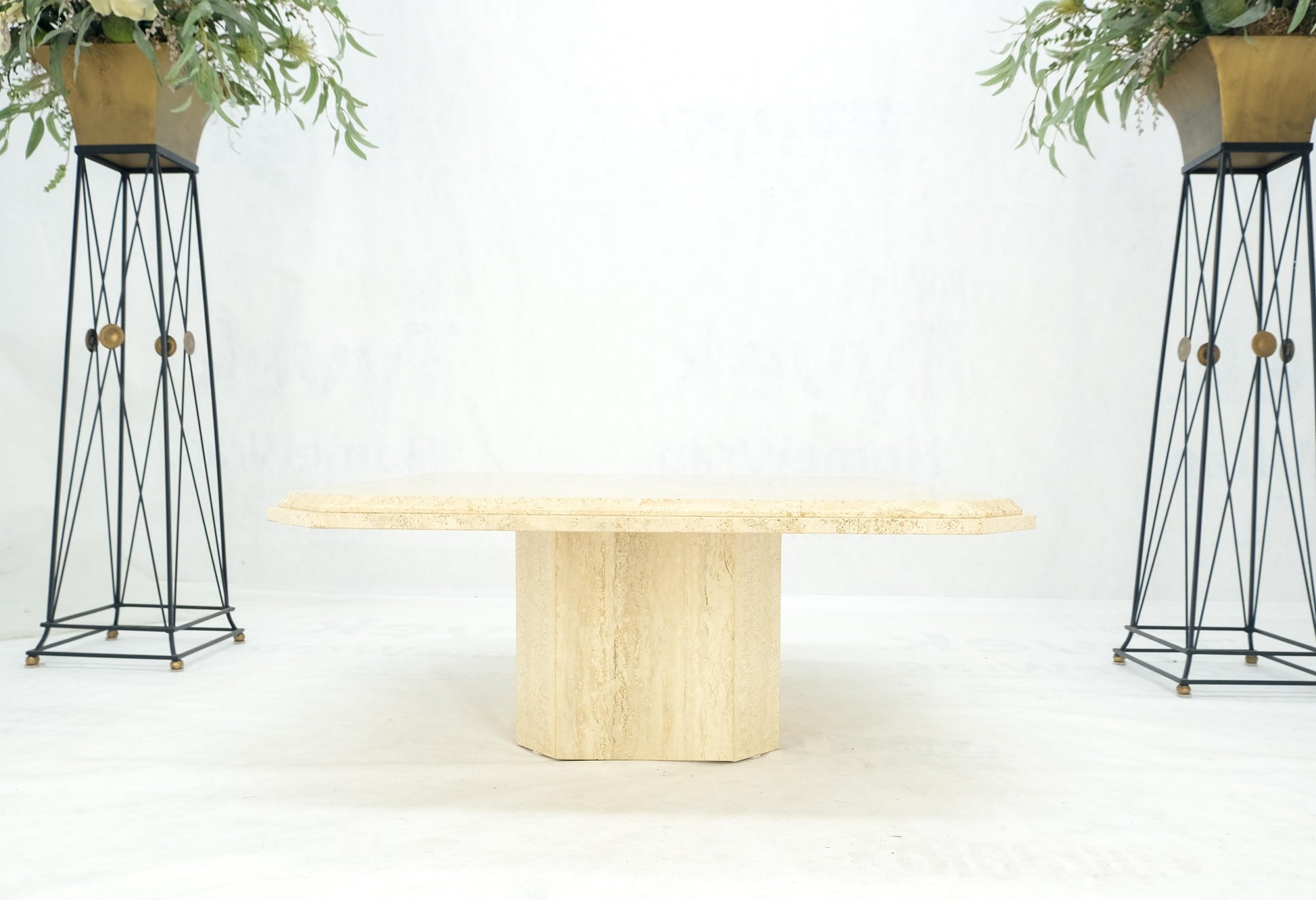 EstablishedLines Cut Corners 40" Square Single Pedestal Base Italian  Travertine Coffee Table