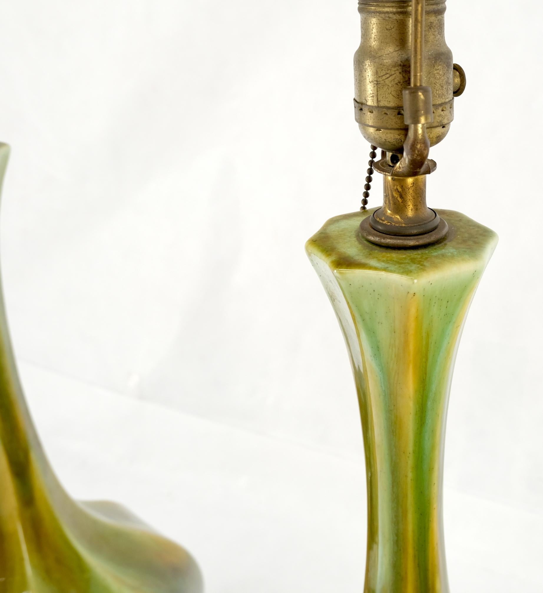 EstablishedLines Pair Mid Century Onion Shape Glazed Green Yellow Blue Lava Pattern Table Lamps