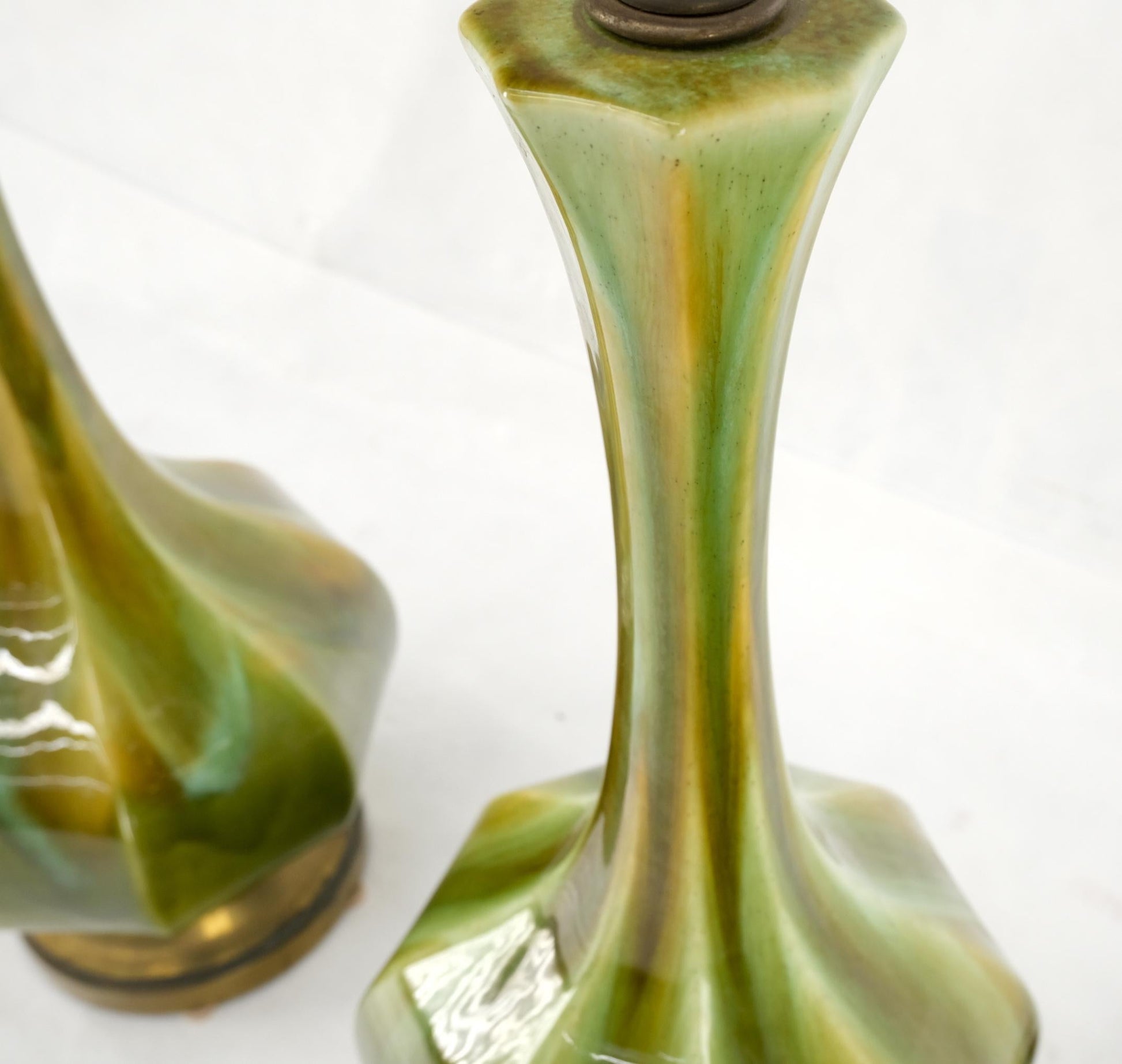 EstablishedLines Pair Mid Century Onion Shape Glazed Green Yellow Blue Lava Pattern Table Lamps