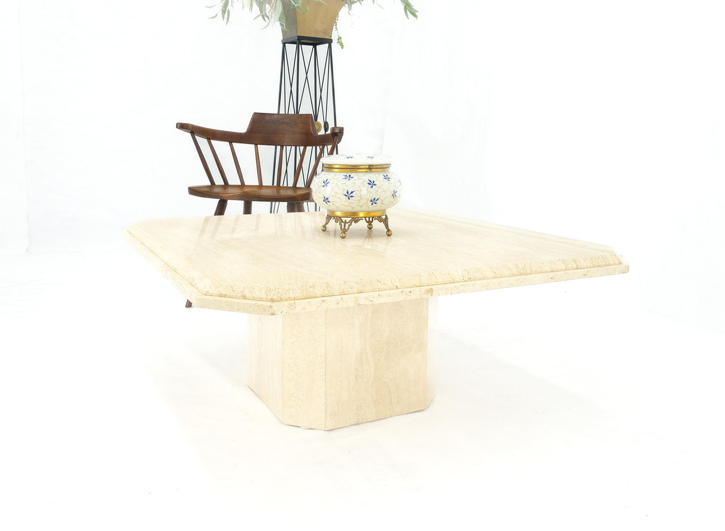EstablishedLines Cut Corners 40" Square Single Pedestal Base Italian  Travertine Coffee Table