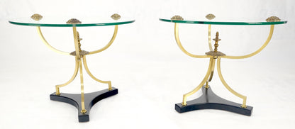 EstablishedLines Pair of 22" Round Glass Top Brass Bases End Side Center Tables Stands