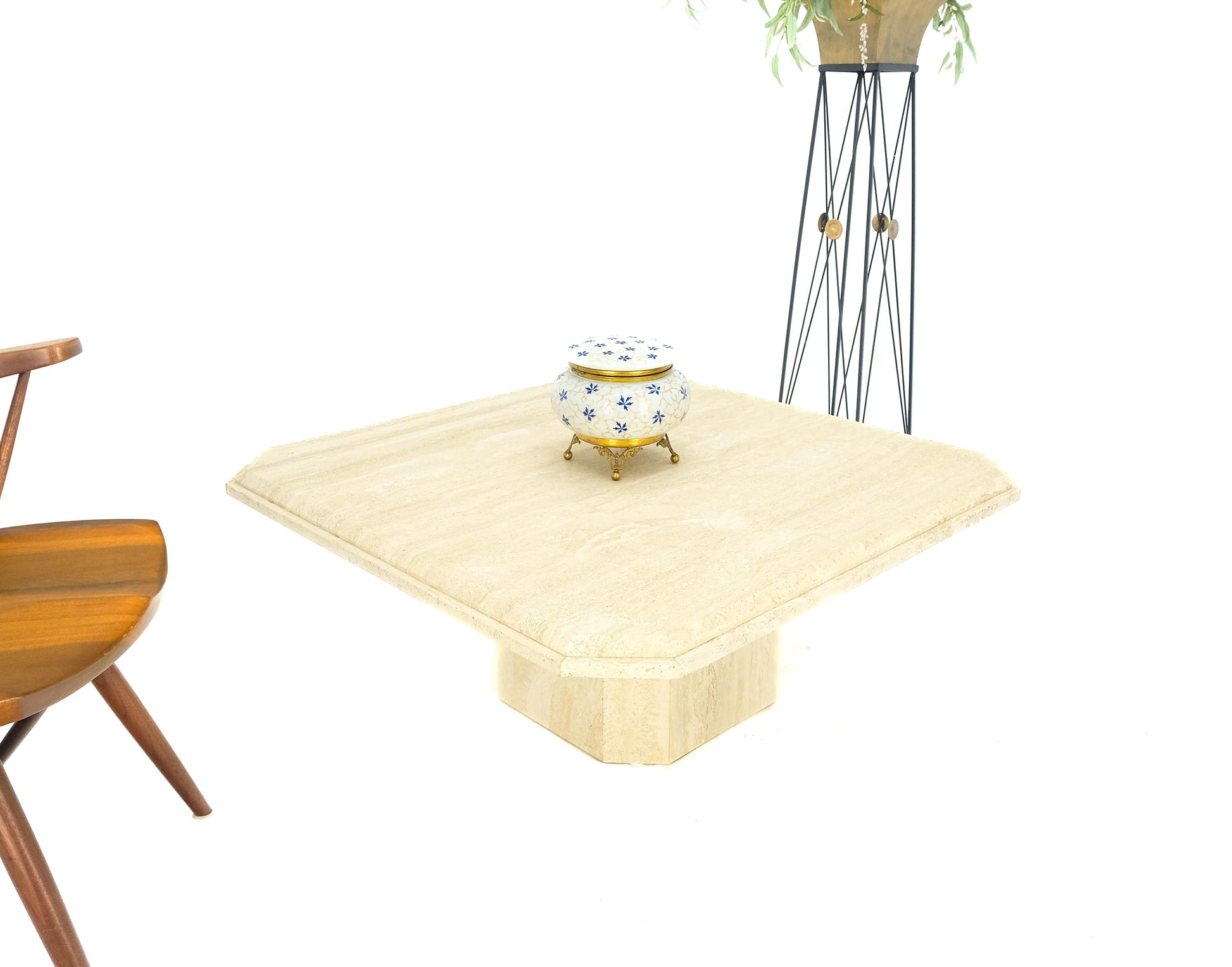 EstablishedLines Cut Corners 40" Square Single Pedestal Base Italian  Travertine Coffee Table