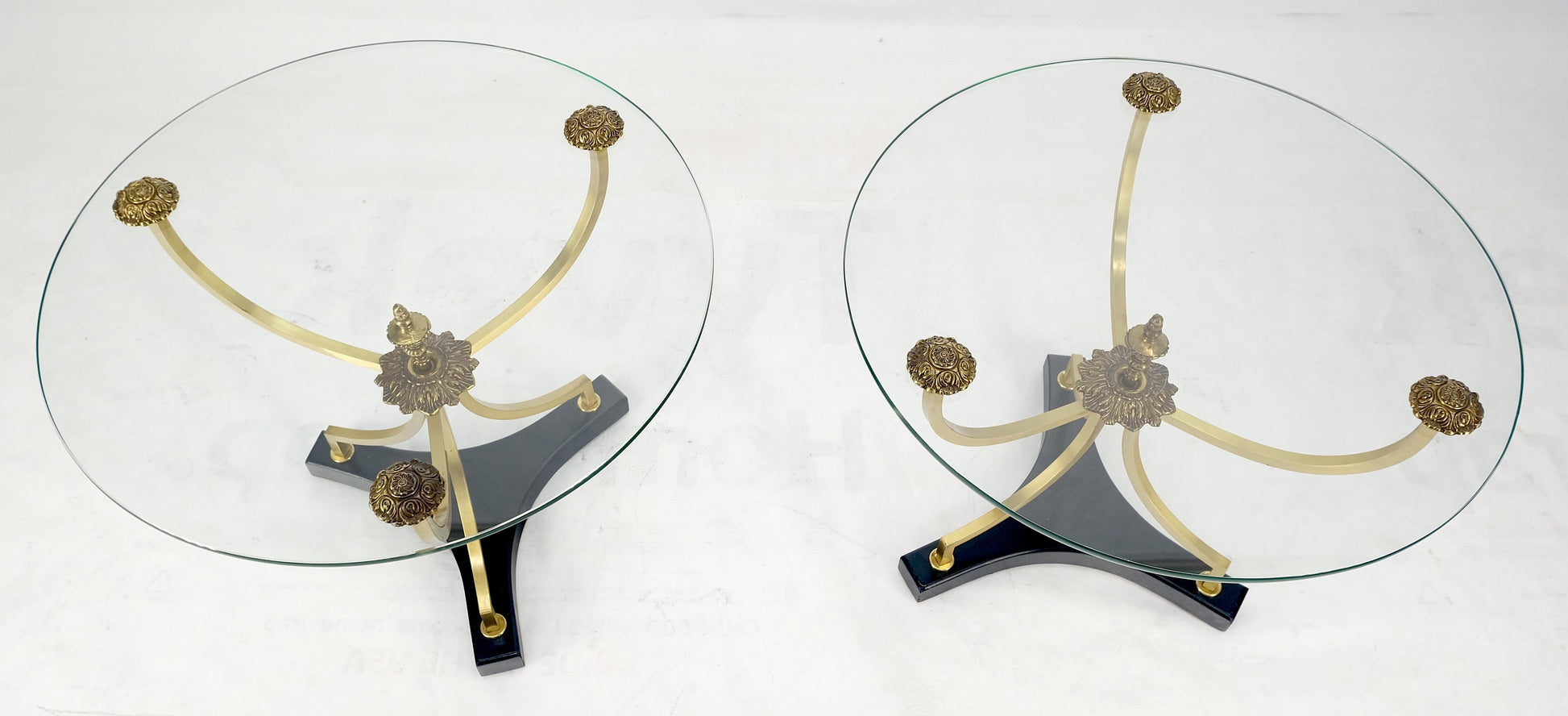 EstablishedLines Pair of 22" Round Glass Top Brass Bases End Side Center Tables Stands