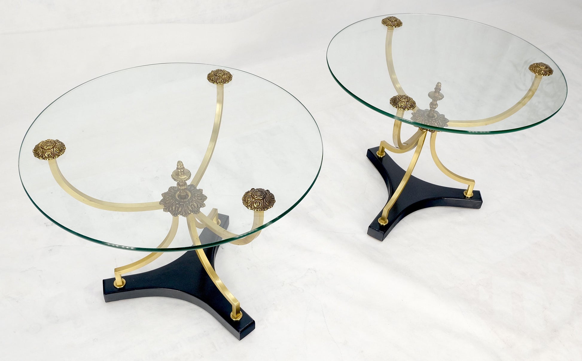 EstablishedLines Pair of 22" Round Glass Top Brass Bases End Side Center Tables Stands