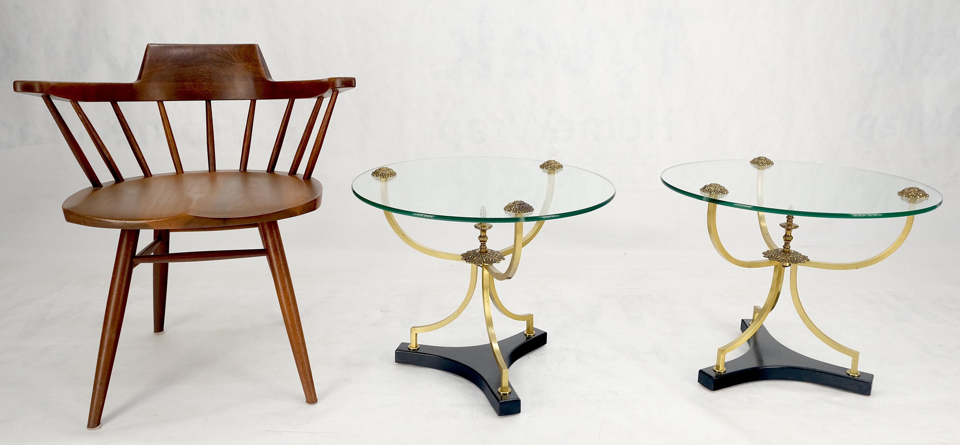 EstablishedLines Pair of 22" Round Glass Top Brass Bases End Side Center Tables Stands