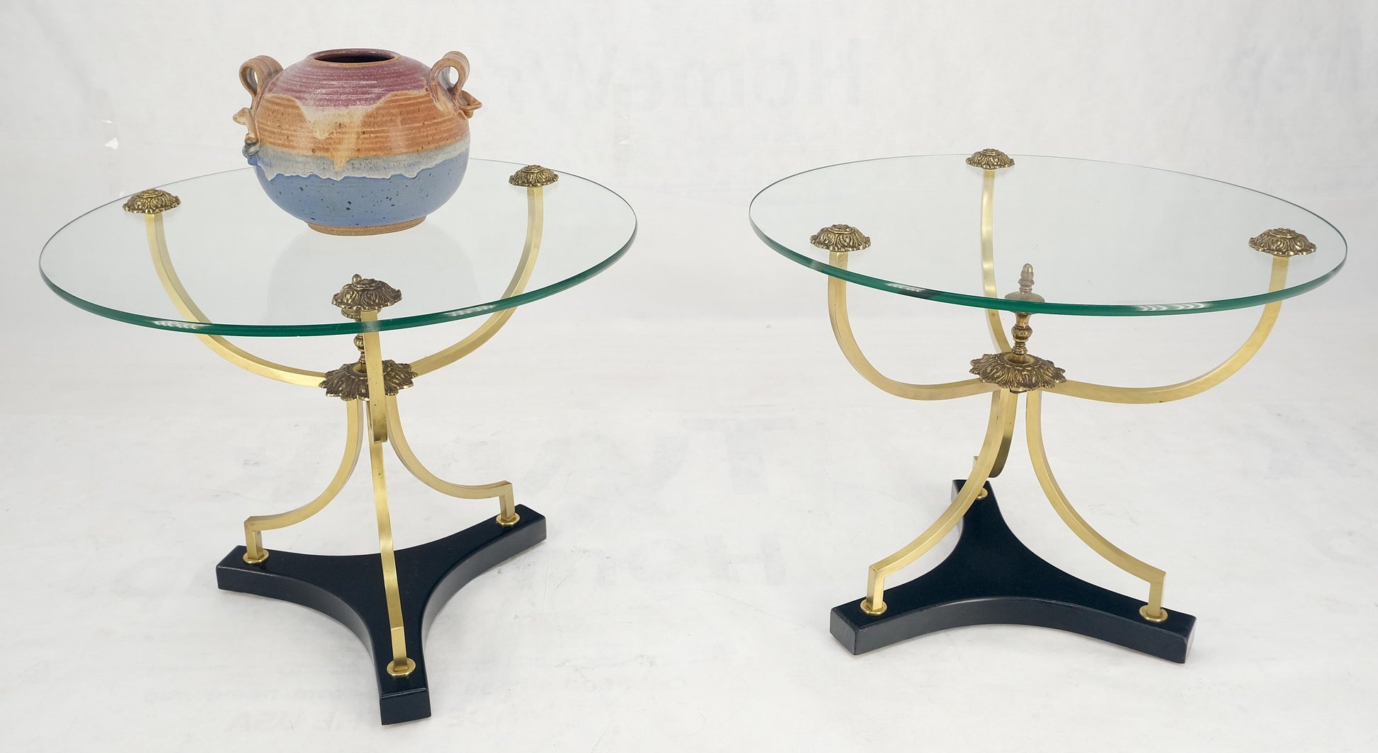 EstablishedLines Pair of 22" Round Glass Top Brass Bases End Side Center Tables Stands