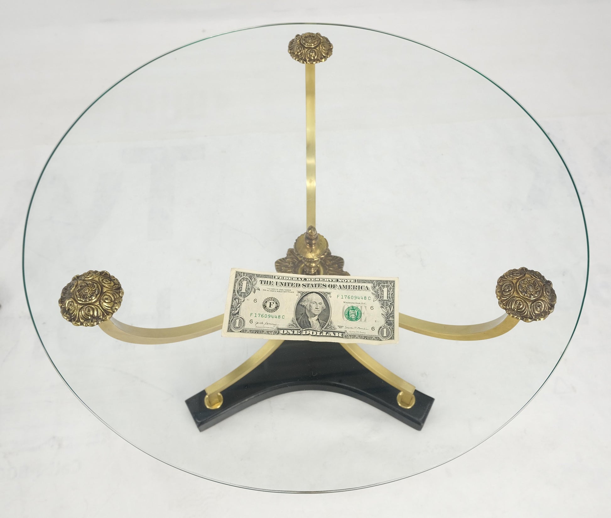 EstablishedLines Pair of 22" Round Glass Top Brass Bases End Side Center Tables Stands