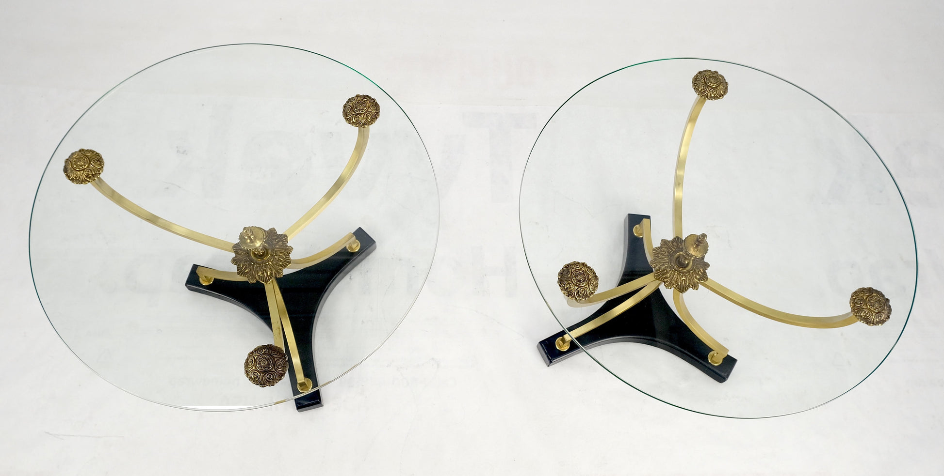 EstablishedLines Pair of 22" Round Glass Top Brass Bases End Side Center Tables Stands