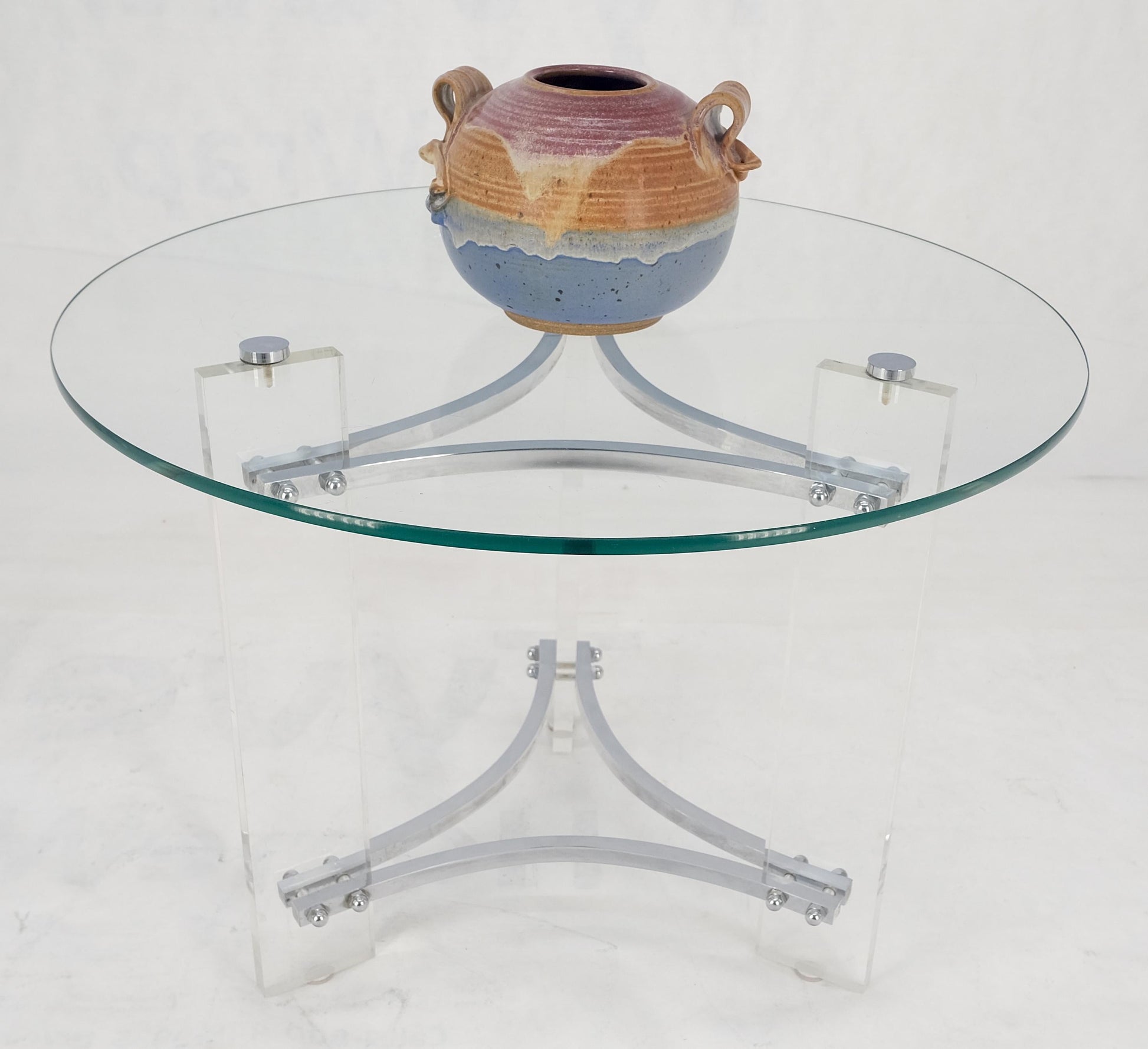 EstablishedLines Glass Lucite Chrome Round Center Side Occasional 1970s Two Tier Table MINT!