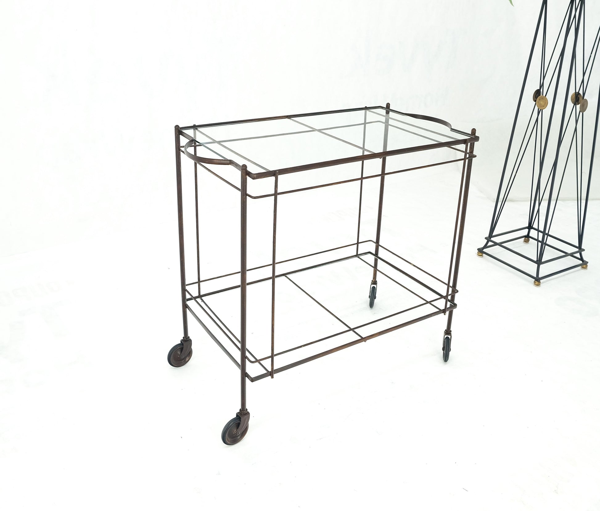 EstablishedLines Mid Century Modern c1950s Rolling Brass Two Tier Rectangle Serving Cart Wheels