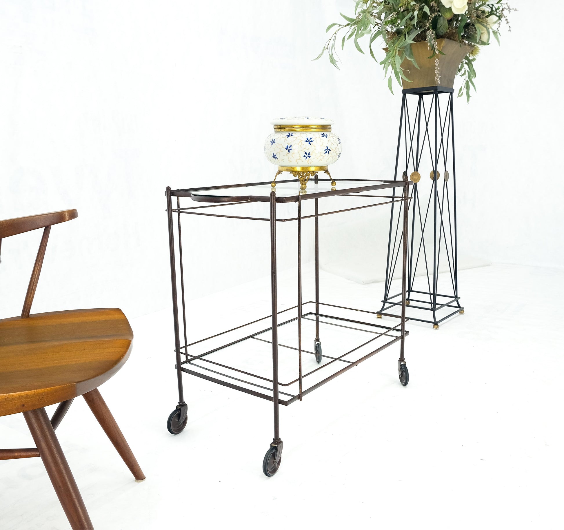 EstablishedLines Mid Century Modern c1950s Rolling Brass Two Tier Rectangle Serving Cart Wheels