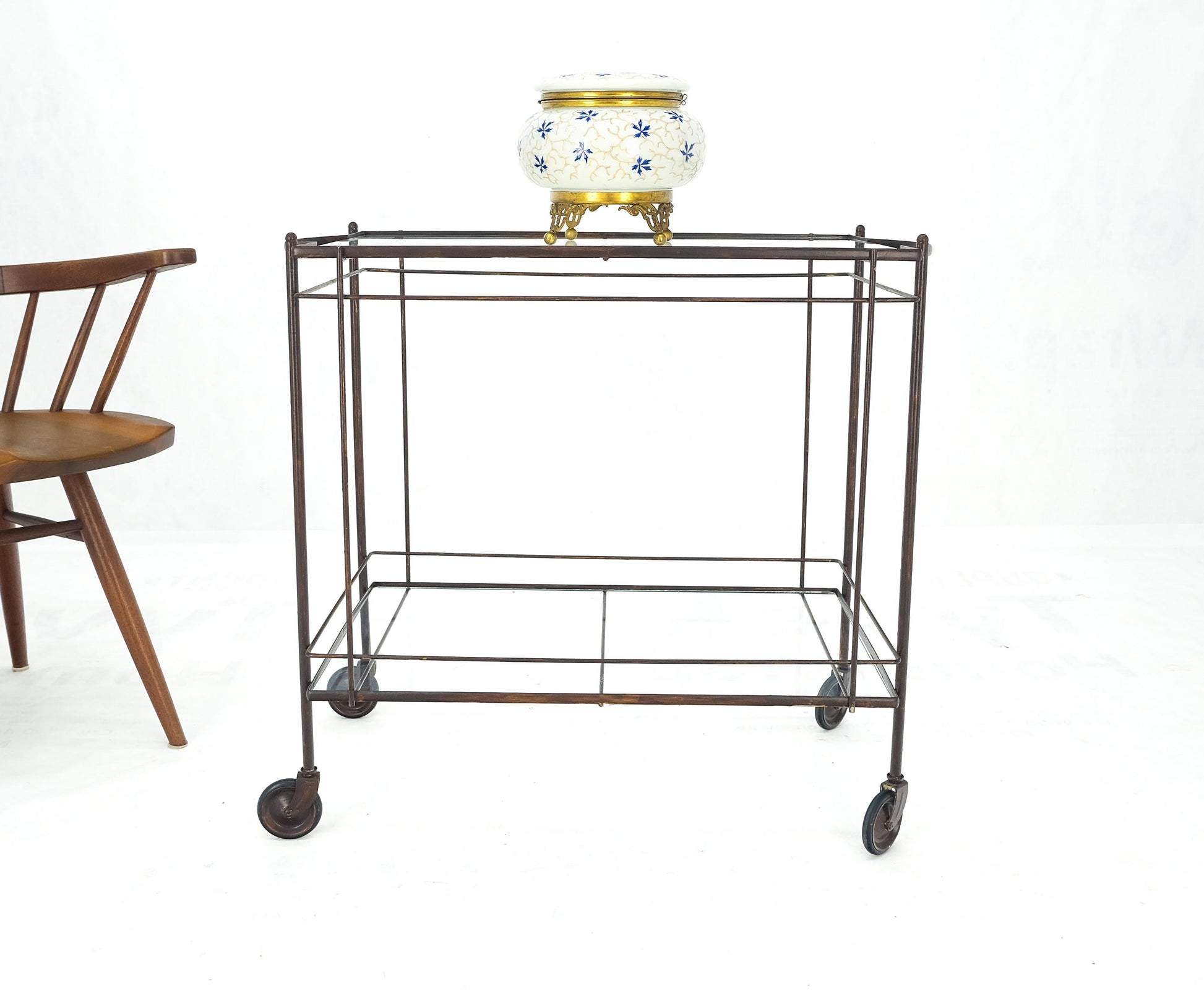 EstablishedLines Mid Century Modern c1950s Rolling Brass Two Tier Rectangle Serving Cart Wheels