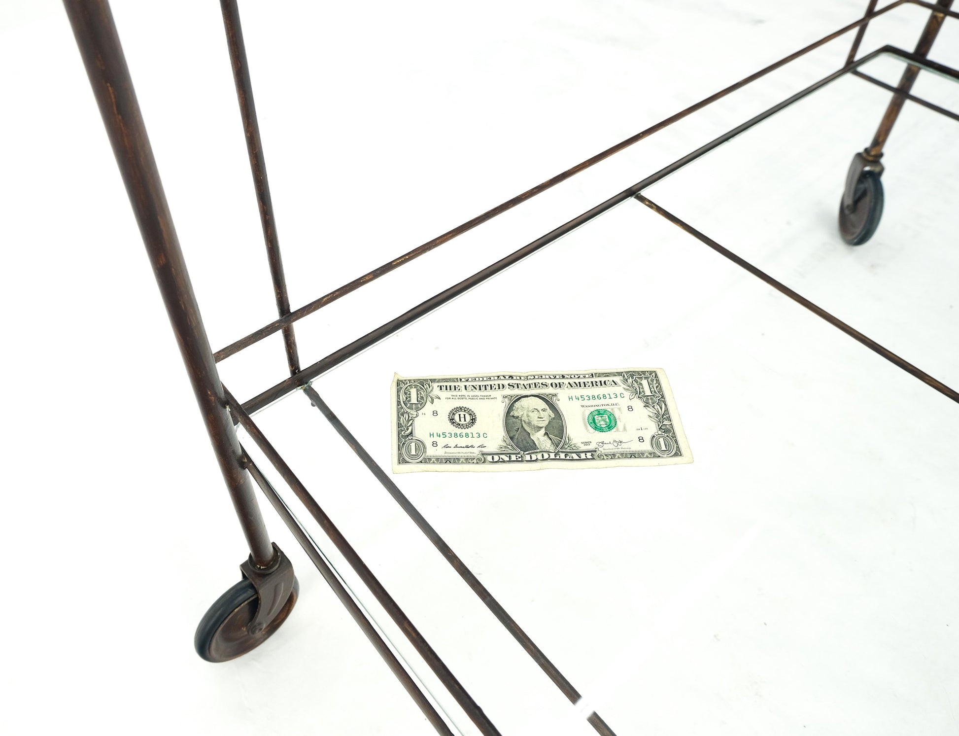 EstablishedLines Mid Century Modern c1950s Rolling Brass Two Tier Rectangle Serving Cart Wheels