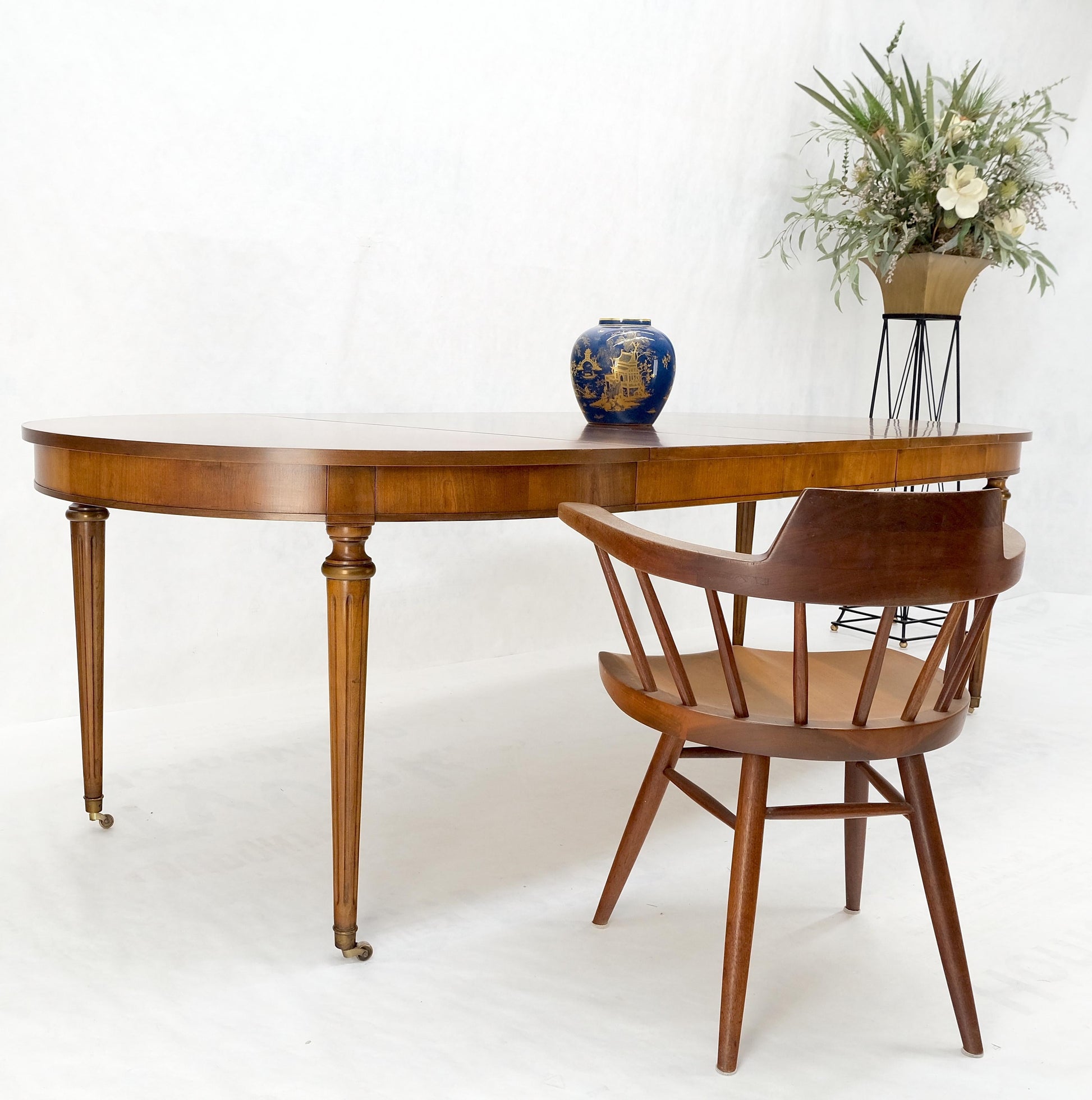 EstablishedLines American Mid-Century Oval Satinwood DiningTable 3 Leaves Fluted Tapered Leg Mint