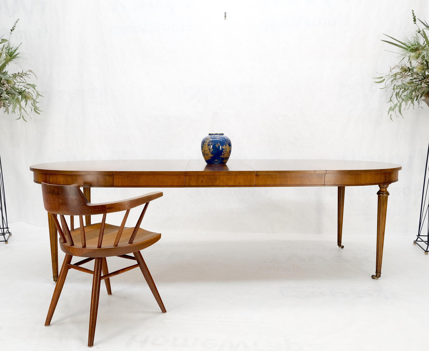 EstablishedLines American Mid-Century Oval Satinwood DiningTable 3 Leaves Fluted Tapered Leg Mint