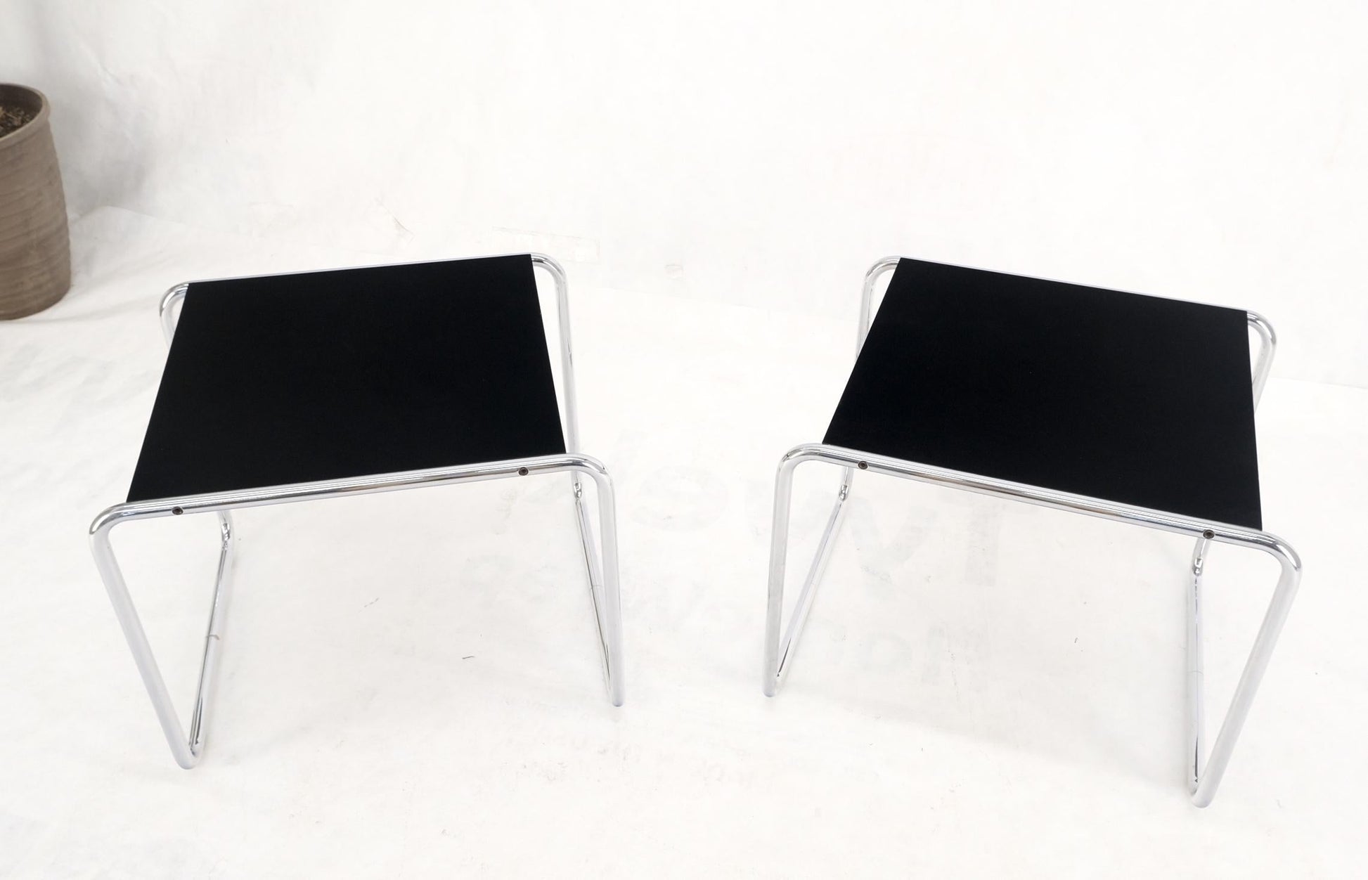 EstablishedLines Pair Marcel Breuer Laccio Side Tables Black Laminated Top Tubular Chromed Base