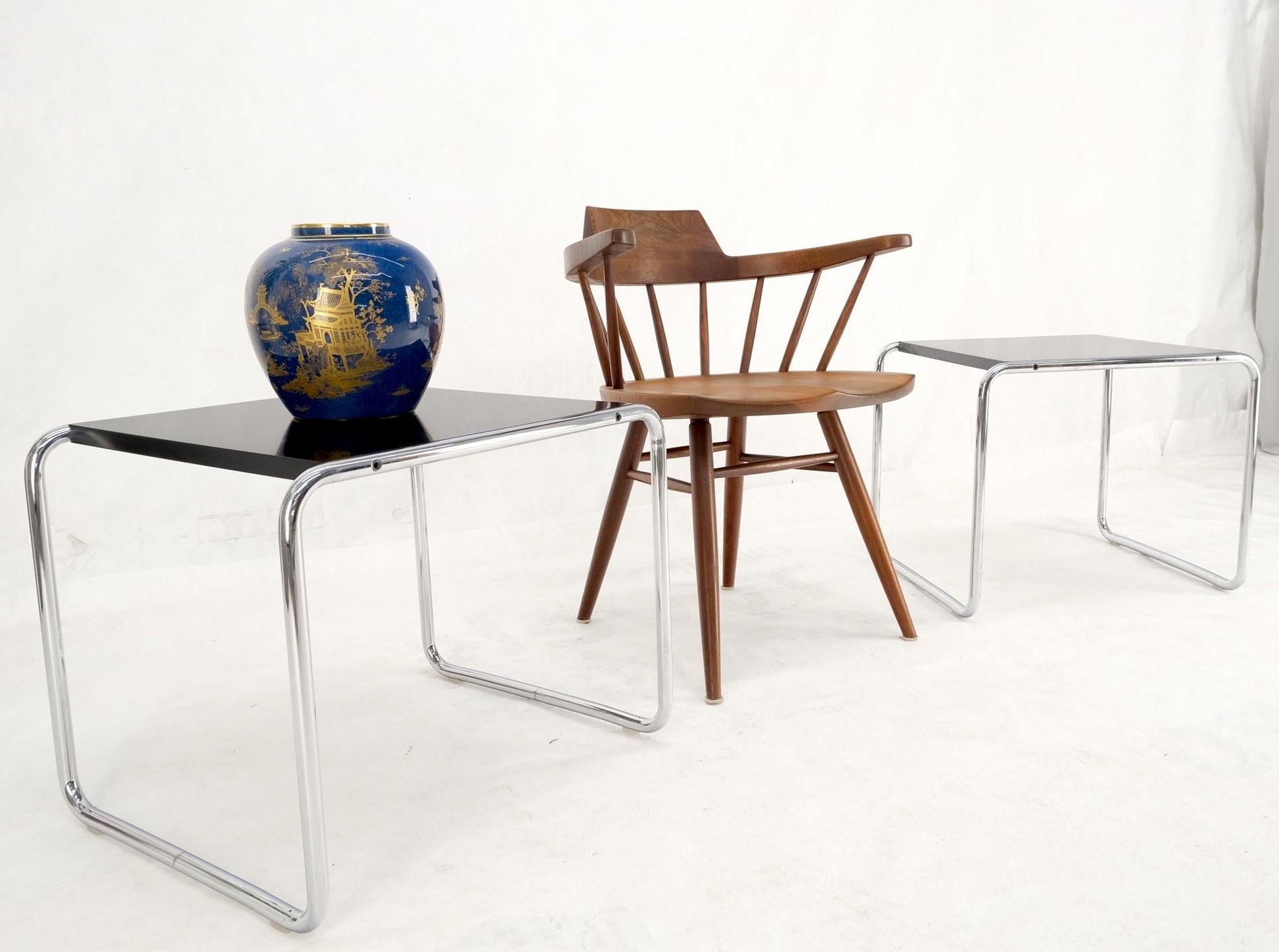 EstablishedLines Pair Marcel Breuer Laccio Side Tables Black Laminated Top Tubular Chromed Base