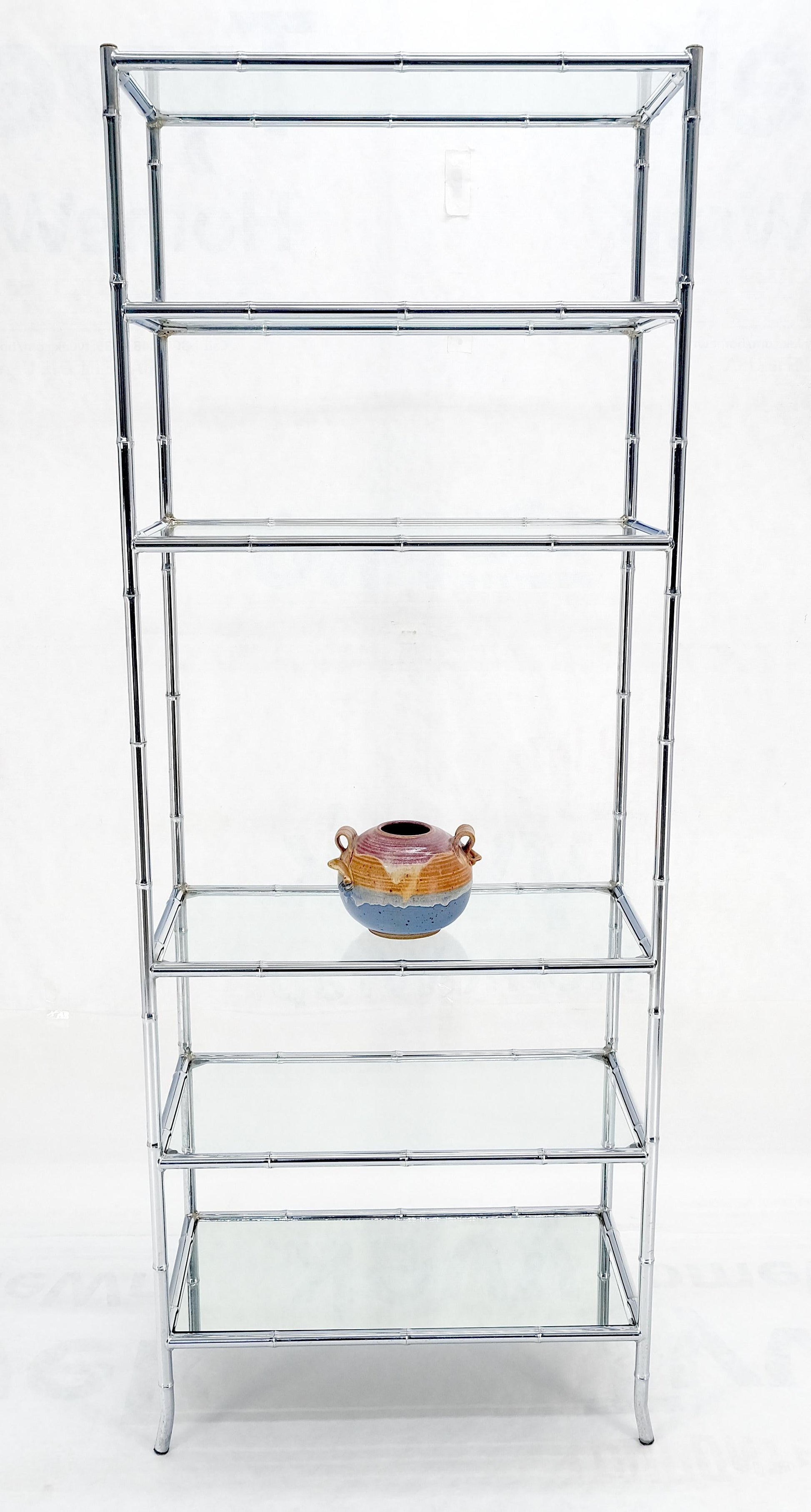 EstablishedLines Italian c1970s Faux Bamboo 6 Glass Shelves Chrome Etagere Bookcase MINT