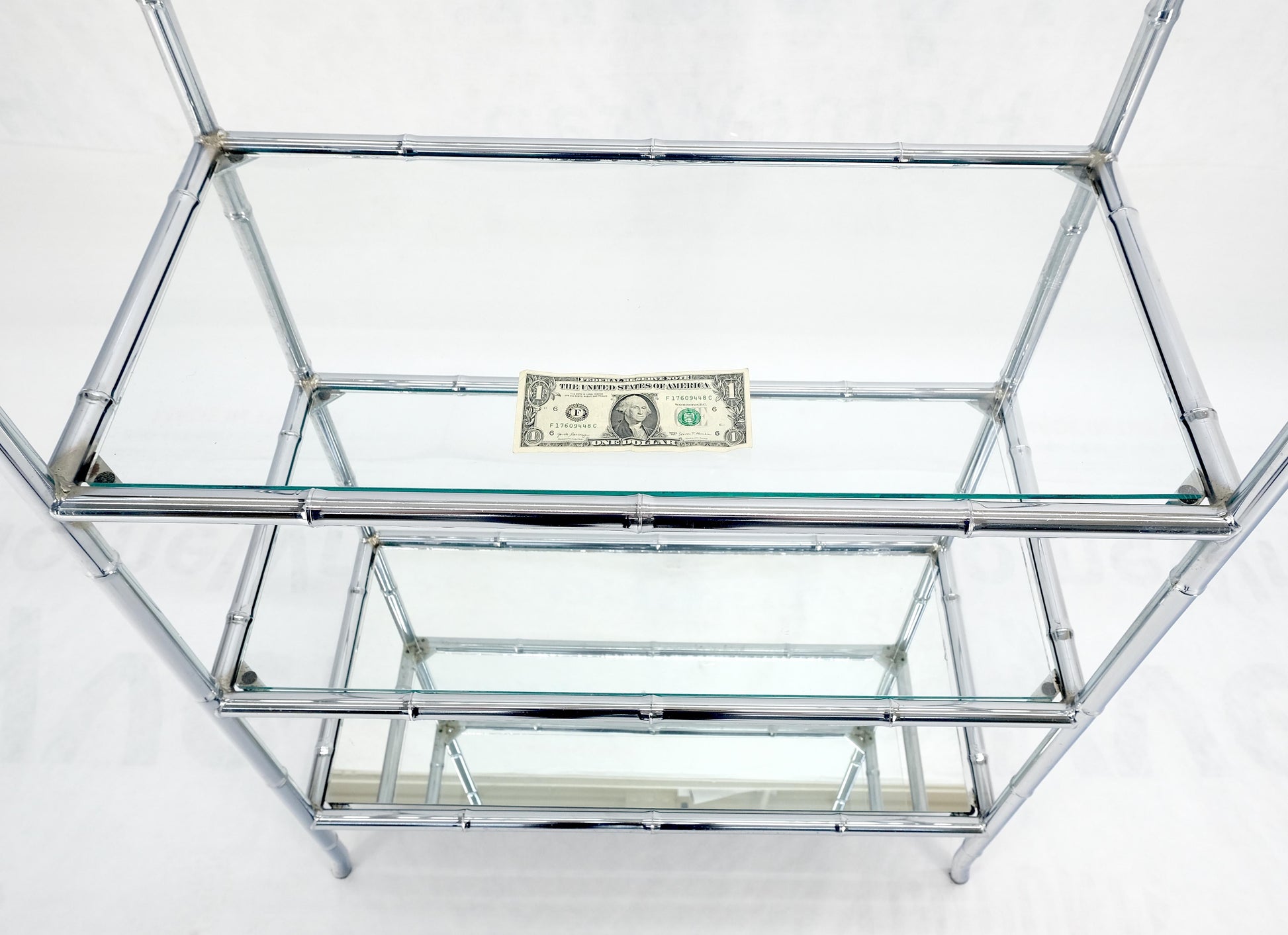 EstablishedLines Italian c1970s Faux Bamboo 6 Glass Shelves Chrome Etagere Bookcase MINT